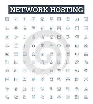 Network hosting vector line icons set. Webhosting, Cloudhosting, Networking, Colocation, Shared, Dedicated, Domains