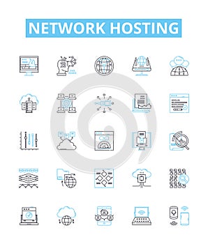 Network hosting vector line icons set. Webhosting, Cloudhosting, Networking, Colocation, Shared, Dedicated, Domains