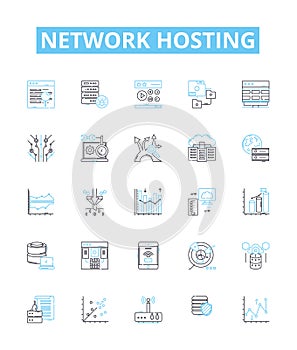 Network hosting vector line icons set. Webhosting, Cloudhosting, Networking, Colocation, Shared, Dedicated, Domains
