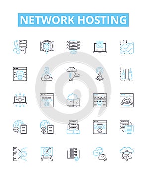 Network hosting vector line icons set. Webhosting, Cloudhosting, Networking, Colocation, Shared, Dedicated, Domains