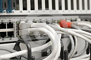 Network hub and cables connected to servers
