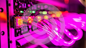 Network Hub Data Flow Illuminated  Vibrant Cables and Server Connectivity