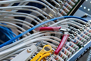 Network installation. Network cable on a network HUB. lan cable management