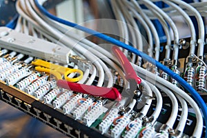 Network installation. Network cable on a network HUB. lan cable management