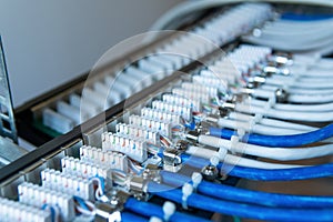 Network installation. Network cable on a network HUB. lan cable management