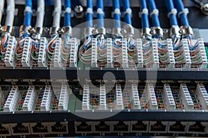 Network installation. Network cable on a network HUB. lan cable management