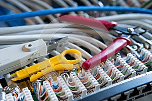 Network installation. Network cable on a network HUB. lan cable management