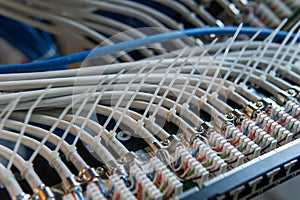Network installation. Network cable on a network HUB. lan cable management
