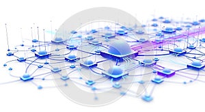 A network of interconnected blue nodes and lines on a white background with a central larger node