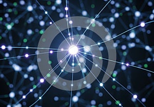 A network of interconnected glowing nodes, with a central bright point from which lines radiate