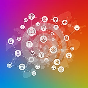 Network of interconnected icons with a technology theme on a vibrant gradient