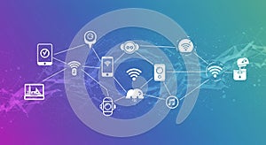 Network of interconnected IoT icons on a gradient blue-to-green background