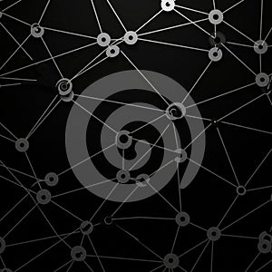 A network of interconnected nodes on a dark background. Thin white lines connect