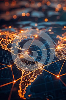 A network of interconnected nodes glowing over a world map representing the global financial blockchain technology in action photo