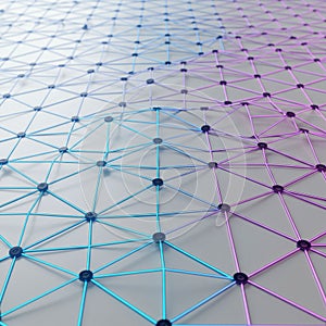 A network of interconnected nodes and lines creates a geometric pattern on a flat