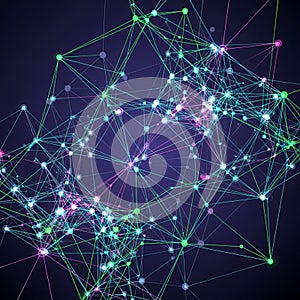 A network of interconnected nodes and lines forms a complex geometric pattern