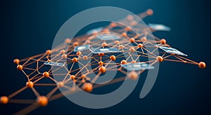 A network of interconnected orange spheres and lines forms a complex structure