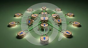 Network of interconnected padlocks symbolizing data security and blockchain technology protection