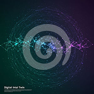 A network of interconnected points and lines forms a dynamic abstract shape,