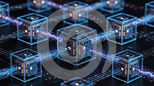 A network of interconnected, transparent cubes is depicted,