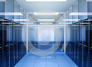 Network and internet communication technology in data center server room interior