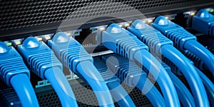 Network LAN internet cables connected in network switches. Server in data center