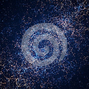 A network-like structure composed of interconnected nodes is depicted against a dark background