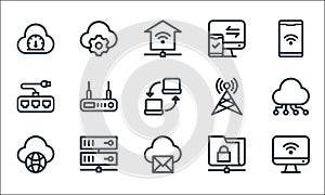 network line icons. linear set. quality vector line set such as computer, email, cloud, folder, online server, plug and socket,