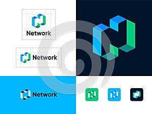 Network logo. Letter N of impossible shape. Blue-green N monogram. Identity. Web buttons.