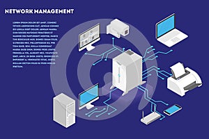 Network management concept. Computer server and cloud database
