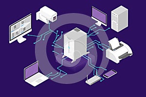 Network management concept. Computer server and cloud database