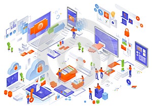 Network management, vector isometric icon set. Cloud storage, data synchronization, technical support services.