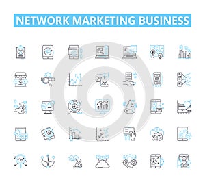 Network marketing business linear icons set. MLM, Downline, Recruiting, Multi-level, Compensation, Teamwork, Leadership