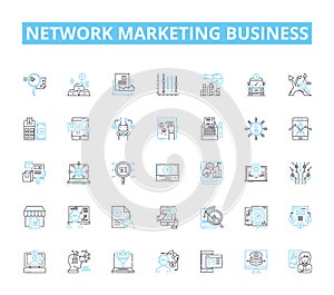 Network marketing business linear icons set. MLM, Downline, Recruiting, Multi-level, Compensation, Teamwork, Leadership