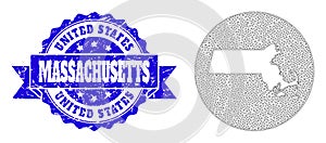 Network Mesh Circle Subtracted Map of Massachusetts State with Scratched Stamp Seal