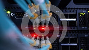 Network optic fiber cables and switch close-up