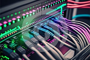 Network panel, switch and cable in data center, Generative AI