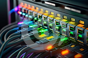 Network panel, switch and cable in data center, Generative AI