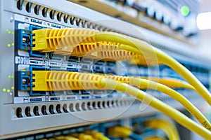 Network panel and switch with cables in a data center server room for efficient operations