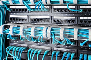 Network panel, switch and internet cable in data center. Black switch and blue ethernet cables, Data Center Concept. photo
