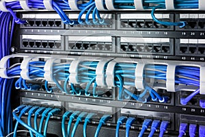 Network panel, switch and internet cable in data center. Black switch and blue ethernet cables, Data Center Concept.