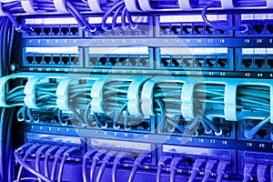 Network panel, switch and internet cable in data center. Black switch and blue ethernet cables, Data Center Concept.