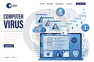 Network piracy danger landing page template. Program code and computer virus