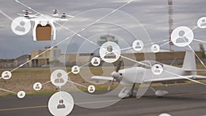 Network of profile icons over drone carrying a delivery box against airplane at runaway