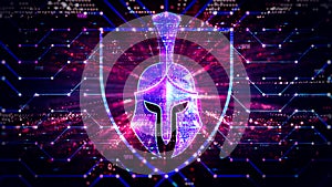 Network Protection Concept with Spartan Helmet Surrounded by Digital Network on Abstract Technology Background