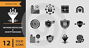 12 Network Protection and Encryption Icons solid icon set. Solid network encryption icons for secure digital protection