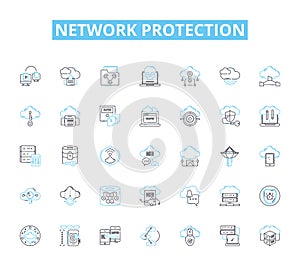 Network protection linear icons set. Firewall, Encryption, Antivirus, Malware, Cybersecurity, Spam, Intrusion line