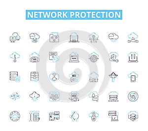 Network protection linear icons set. Firewall, Encryption, Antivirus, Malware, Cybersecurity, Spam, Intrusion line photo