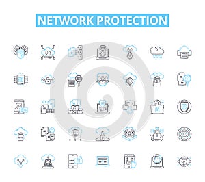 Network protection linear icons set. Firewall, Encryption, Antivirus, Malware, Cybersecurity, Spam, Intrusion line photo