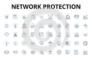 Network protection linear icons set. Firewall, Encryption, Antivirus, Malware, Cybersecurity, Spam, Intrusion vector